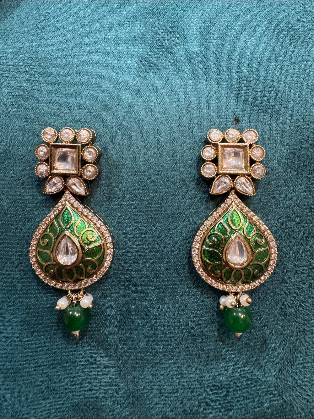 Fashion Jewelry Green and Gold Teardrop Dangle Earrings